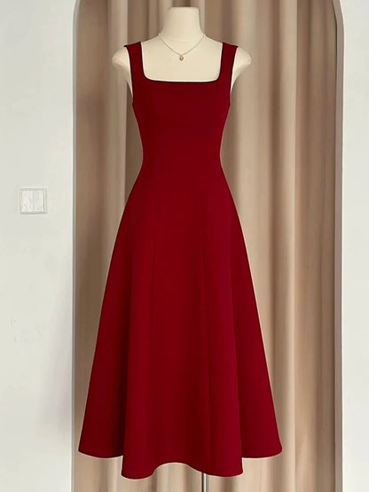 Sexy A Line Square Neckline Red Satin Ankle Length Evening Dress Prom Dresses SD1618