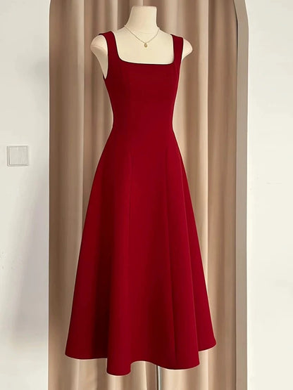 Sexy A Line Square Neckline Red Satin Ankle Length Evening Dress Prom Dresses SD1618