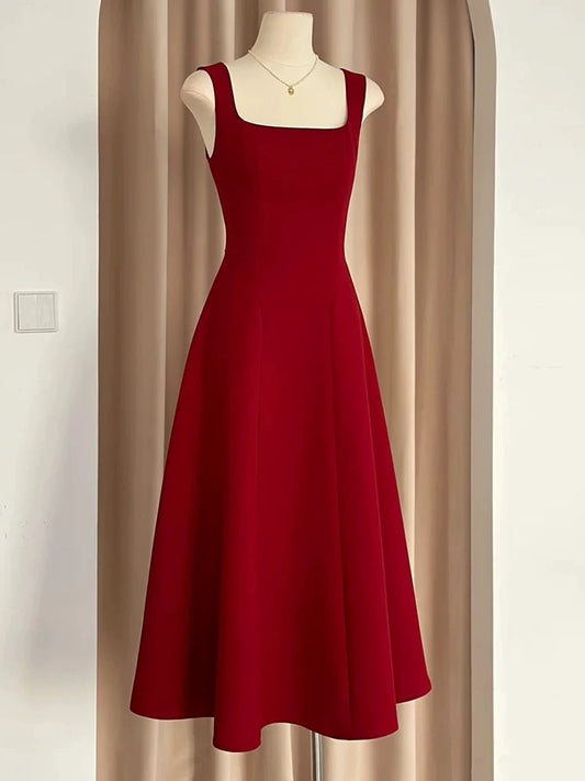 Sexy A Line Square Neckline Red Satin Ankle Length Evening Dress Prom Dresses SD1618