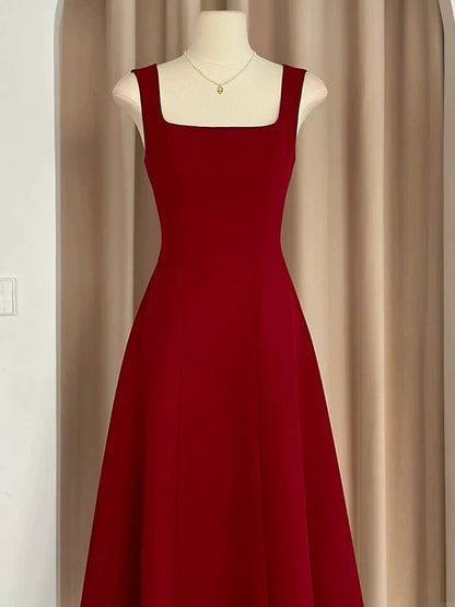 Sexy A Line Square Neckline Red Satin Ankle Length Evening Dress Prom Dresses SD1618