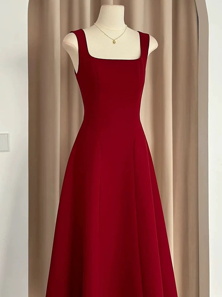 Sexy A Line Square Neckline Red Satin Ankle Length Evening Dress Prom Dresses SD1618