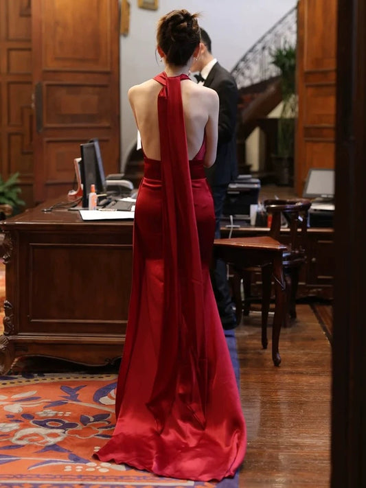 Modest Mermaid Backless Red Floor Length Evening Dress Satin Prom Dresses SD1620