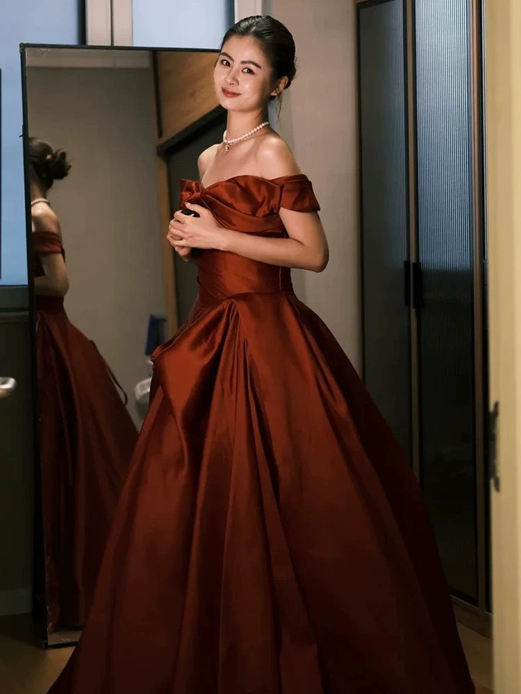 Sexy Ball Gown Off The Shoulder Satin Rust Red Floor Length Evening Dress Prom Dresses SD1622