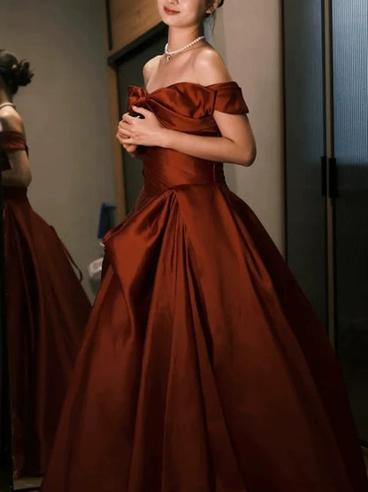 Sexy Ball Gown Off The Shoulder Satin Rust Red Floor Length Evening Dress Prom Dresses SD1622