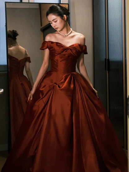 Sexy Ball Gown Off The Shoulder Satin Rust Red Floor Length Evening Dress Prom Dresses SD1622