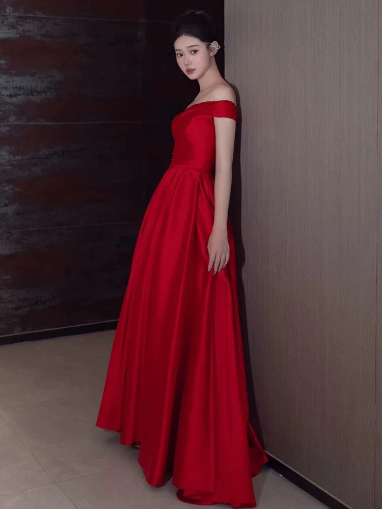 Sexy A Line Off The Shoulder Satin Red Floor Length Evening Dress Prom Dresses SD1623