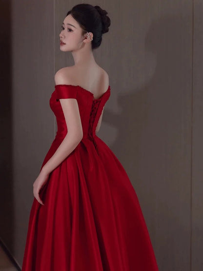 Sexy A Line Off The Shoulder Satin Red Floor Length Evening Dress Prom Dresses SD1623