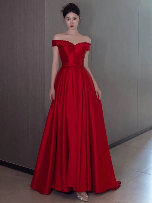 Sexy A Line Off The Shoulder Satin Red Floor Length Evening Dress Prom Dresses SD1623