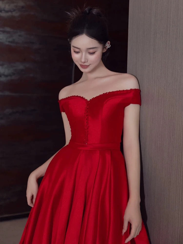 Sexy A Line Off The Shoulder Satin Red Floor Length Evening Dress Prom Dresses SD1623