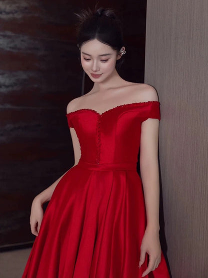 Sexy A Line Off The Shoulder Satin Red Floor Length Evening Dress Prom Dresses SD1623