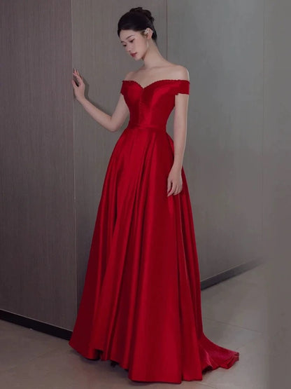 Sexy A Line Off The Shoulder Satin Red Floor Length Evening Dress Prom Dresses SD1623