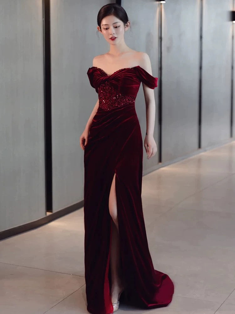 Sexy Sheath Off The Shoulder Burgundy Velvet Floor Length Evening Dress Prom Dresses SD1624