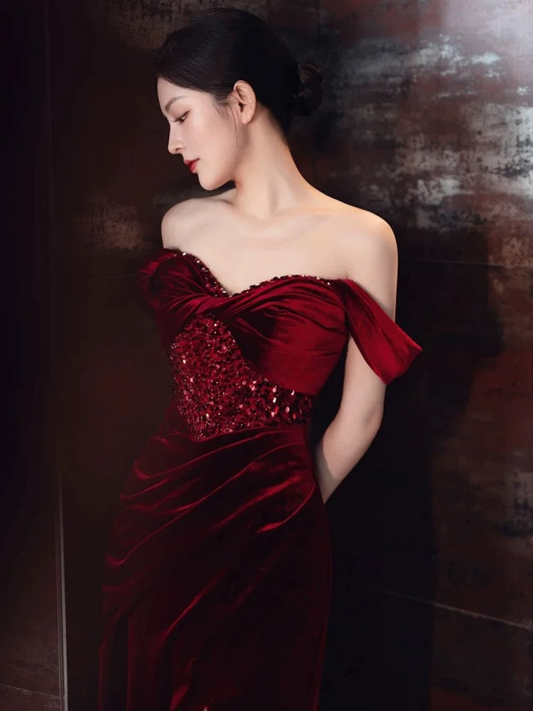 Sexy Sheath Off The Shoulder Burgundy Velvet Floor Length Evening Dress Prom Dresses SD1624