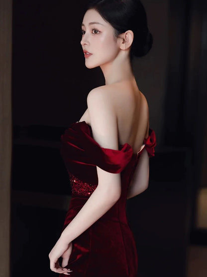 Sexy Sheath Off The Shoulder Burgundy Velvet Floor Length Evening Dress Prom Dresses SD1624