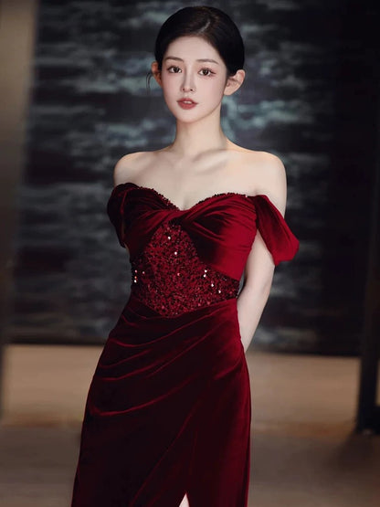 Sexy Sheath Off The Shoulder Burgundy Velvet Floor Length Evening Dress Prom Dresses SD1624