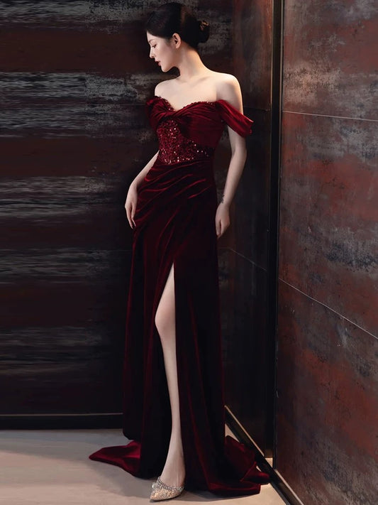 Sexy Sheath Off The Shoulder Burgundy Velvet Floor Length Evening Dress Prom Dresses SD1624