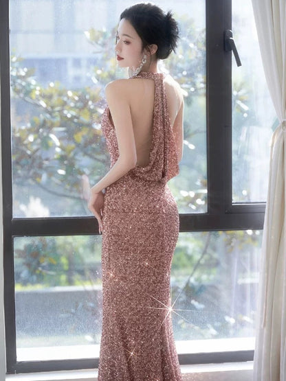 Sexy Sheath V Neckline Sequin Rose Pink Floor Length Evening Dress Prom Dresses SD1625