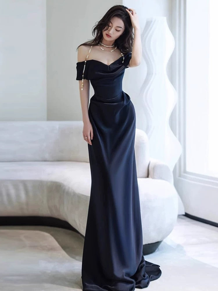 Sexy Sheath Off The Shoulder Navy Blue Satin Floor Length Evening Dress Prom Dresses SD1627