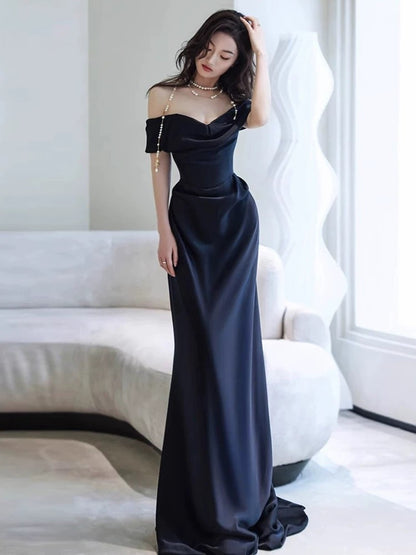 Sexy Sheath Off The Shoulder Navy Blue Satin Floor Length Evening Dress Prom Dresses SD1627