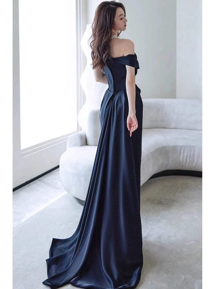 Sexy Sheath Off The Shoulder Navy Blue Satin Floor Length Evening Dress Prom Dresses SD1627