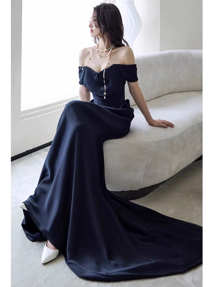 Sexy Sheath Off The Shoulder Navy Blue Satin Floor Length Evening Dress Prom Dresses SD1627