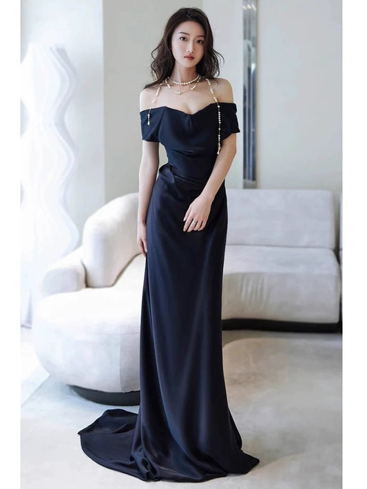 Sexy Sheath Off The Shoulder Navy Blue Satin Floor Length Evening Dress Prom Dresses SD1627