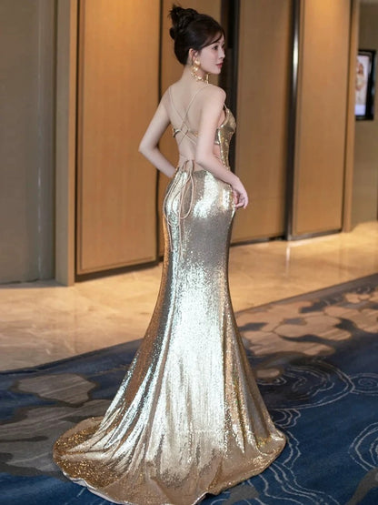 Sexy Mermaid Spaghetti Straps Sequin Gold Floor Length Evening Dress Prom Dresses SD1628