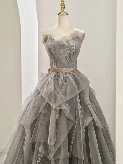 Modest Ball Gown Sweetheart Tulle Floor Length Evening Dress Gray Prom Dresses SD1629