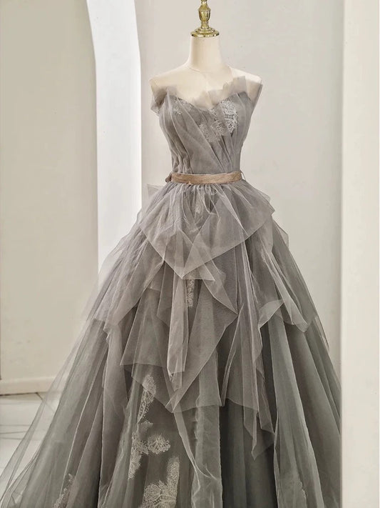 Modest Ball Gown Sweetheart Tulle Floor Length Evening Dress Gray Prom Dresses SD1629