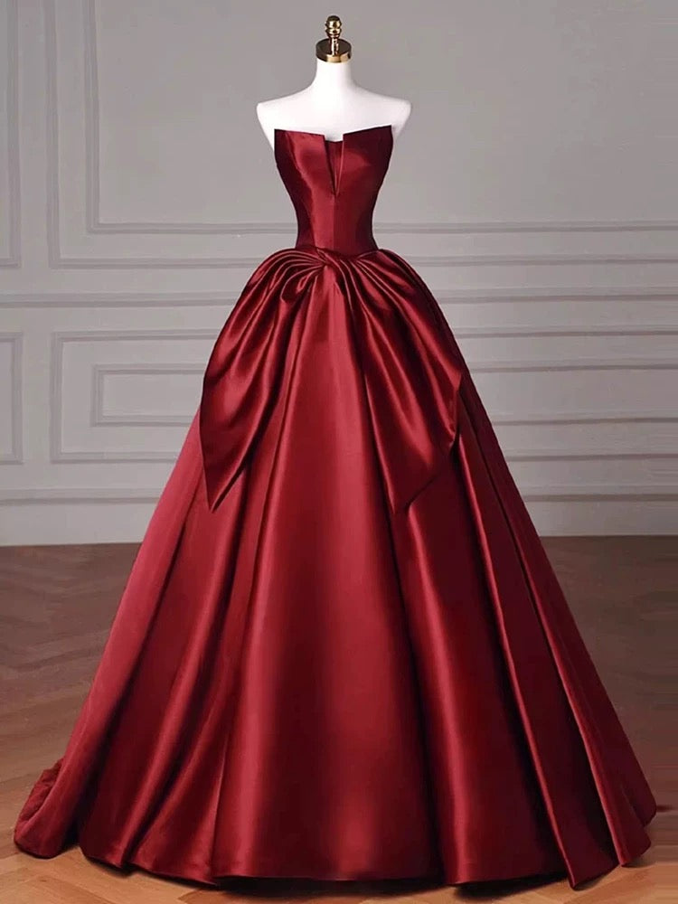 Modest Ball Gown Strapless Burgundy Satin Floor Length Evening Dress Prom Dresses SD1630