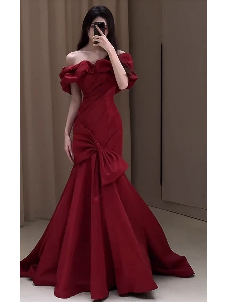 Sexy Mermaid Off The Shoulder Burgundy Satin Floor Length Evening Dress Prom Dresses SD1630