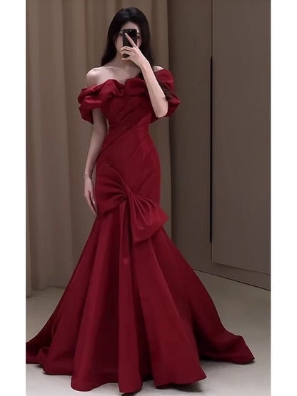 Sexy Mermaid Off The Shoulder Burgundy Satin Floor Length Evening Dress Prom Dresses SD1630