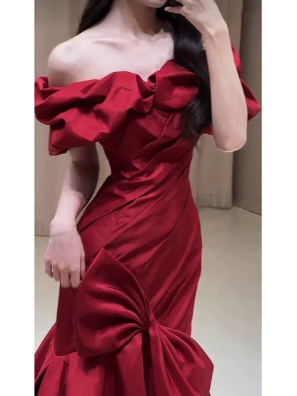 Sexy Mermaid Off The Shoulder Burgundy Satin Floor Length Evening Dress Prom Dresses SD1630