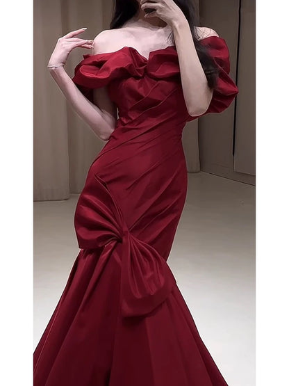 Sexy Mermaid Off The Shoulder Burgundy Satin Floor Length Evening Dress Prom Dresses SD1630