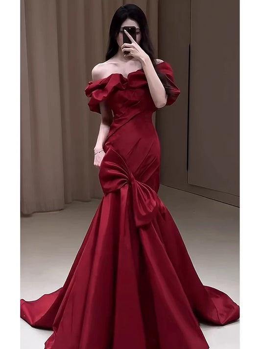 Sexy Mermaid Off The Shoulder Burgundy Satin Floor Length Evening Dress Prom Dresses SD1630