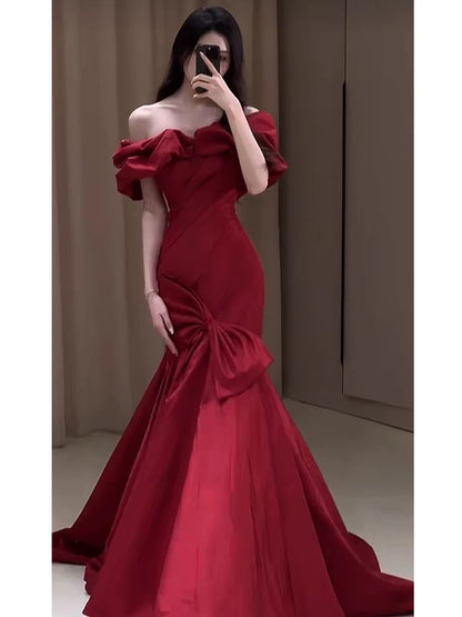 Sexy Mermaid Off The Shoulder Burgundy Satin Floor Length Evening Dress Prom Dresses SD1630