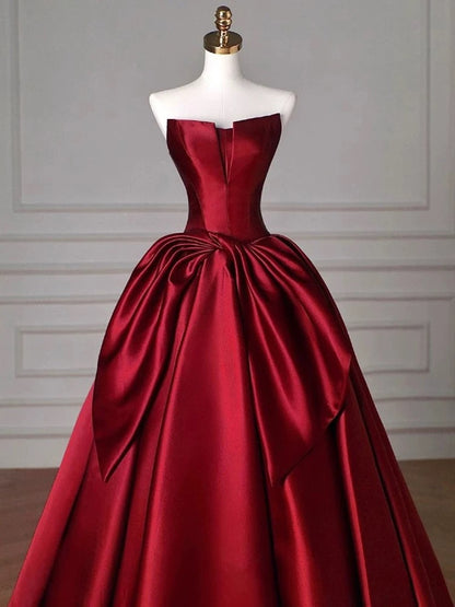 Modest Ball Gown Strapless Burgundy Satin Floor Length Evening Dress Prom Dresses SD1630