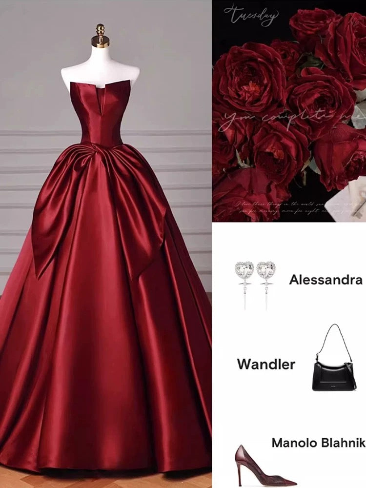 Modest Ball Gown Strapless Burgundy Satin Floor Length Evening Dress Prom Dresses SD1630