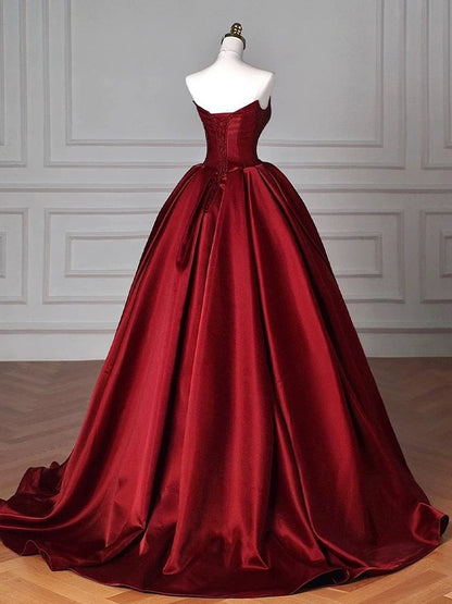 Modest Ball Gown Strapless Burgundy Satin Floor Length Evening Dress Prom Dresses SD1630