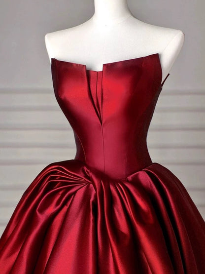 Modest Ball Gown Strapless Burgundy Satin Floor Length Evening Dress Prom Dresses SD1630