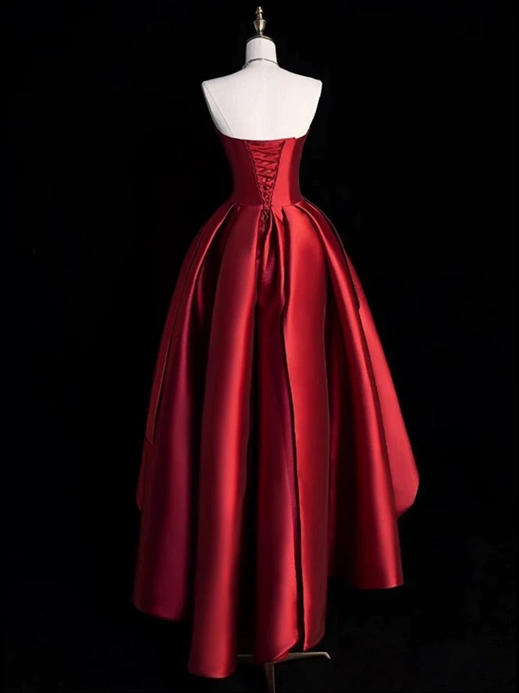 Modest Ball Gown Strapless Burgundy Satin High Low Evening Dress Prom Dresses SD1631