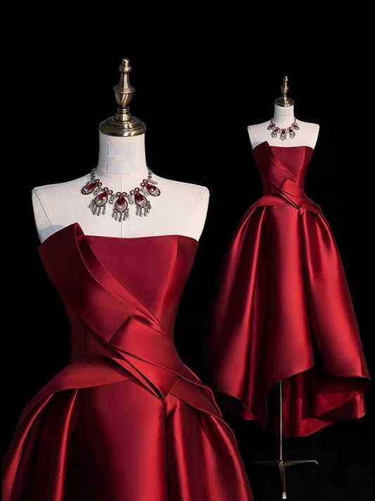 Modest Ball Gown Strapless Burgundy Satin High Low Evening Dress Prom Dresses SD1631