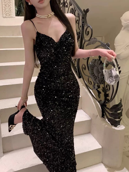 Sexy Mermaid Spaghetti Straps Black Sequin Evening Dress Prom Dresses SD1633