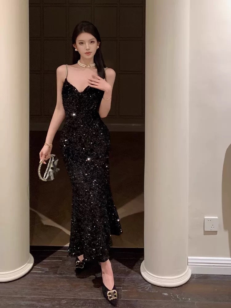 Sexy Mermaid Spaghetti Straps Black Sequin Evening Dress Prom Dresses SD1633