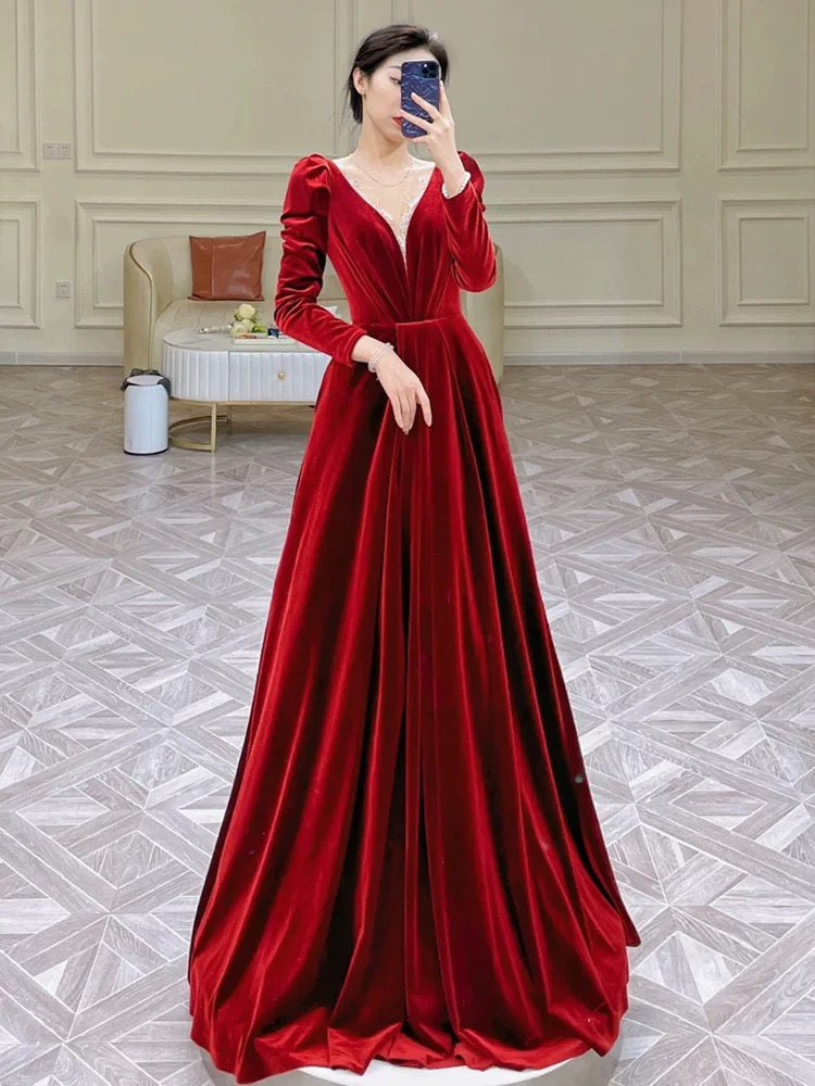 Modest A Line Long Sleeves Red Satin Evening Dress Prom Dresses SD1634