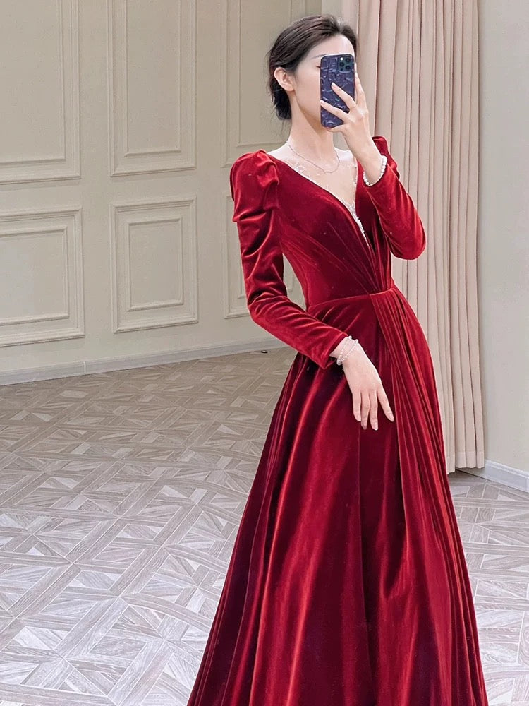 Modest A Line Long Sleeves Red Satin Evening Dress Prom Dresses SD1634