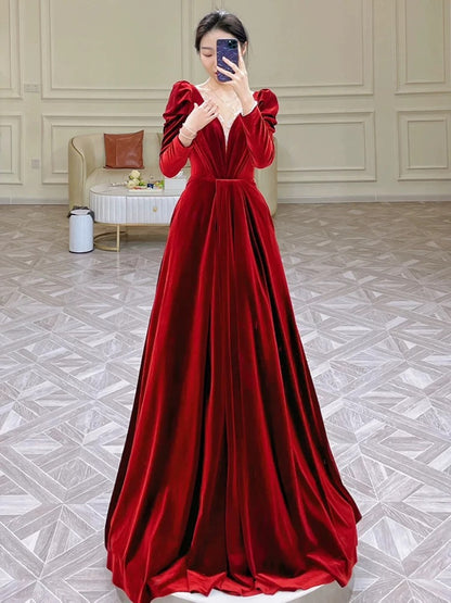 Modest A Line Long Sleeves Red Satin Evening Dress Prom Dresses SD1634