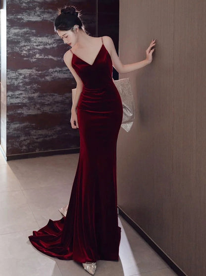 Sexy Mermaid Spaghetti Straps Burgundy Velvet Long Evening Dress Prom Dresses SD1635