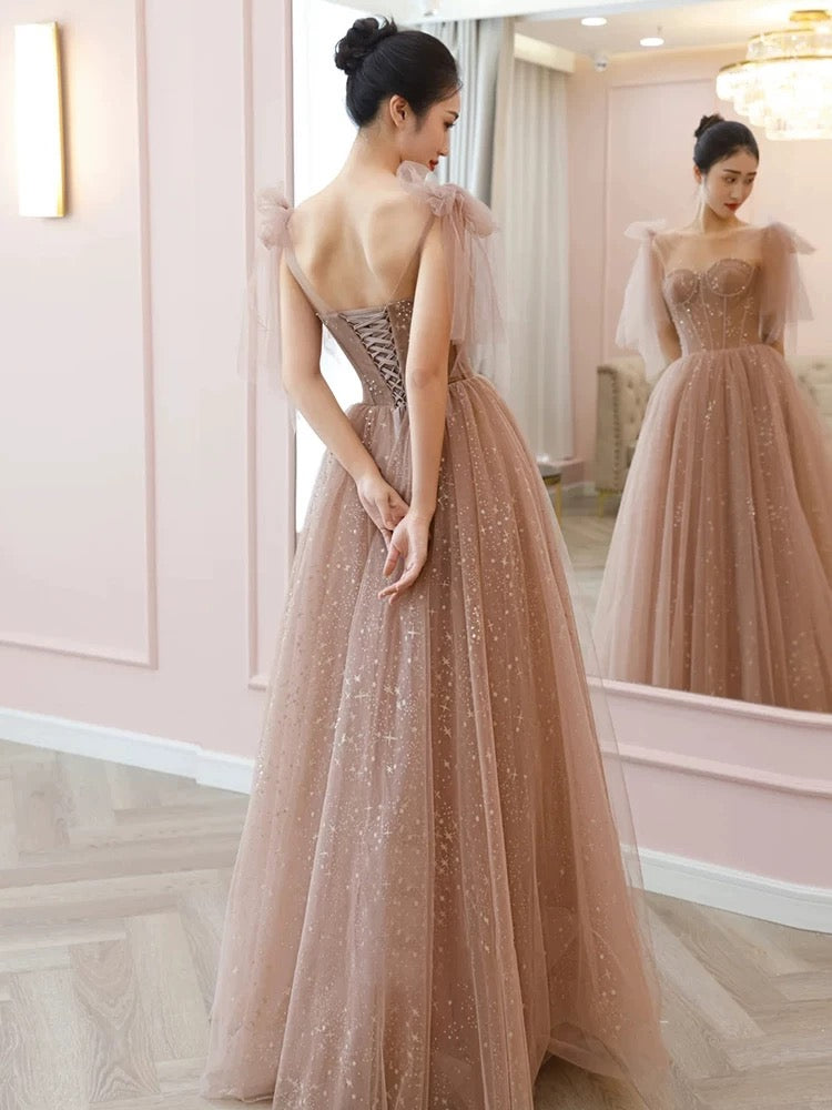 Modest A Line Spaghetti Straps Tulle Pink Evening Dress Prom Dresses SD1638