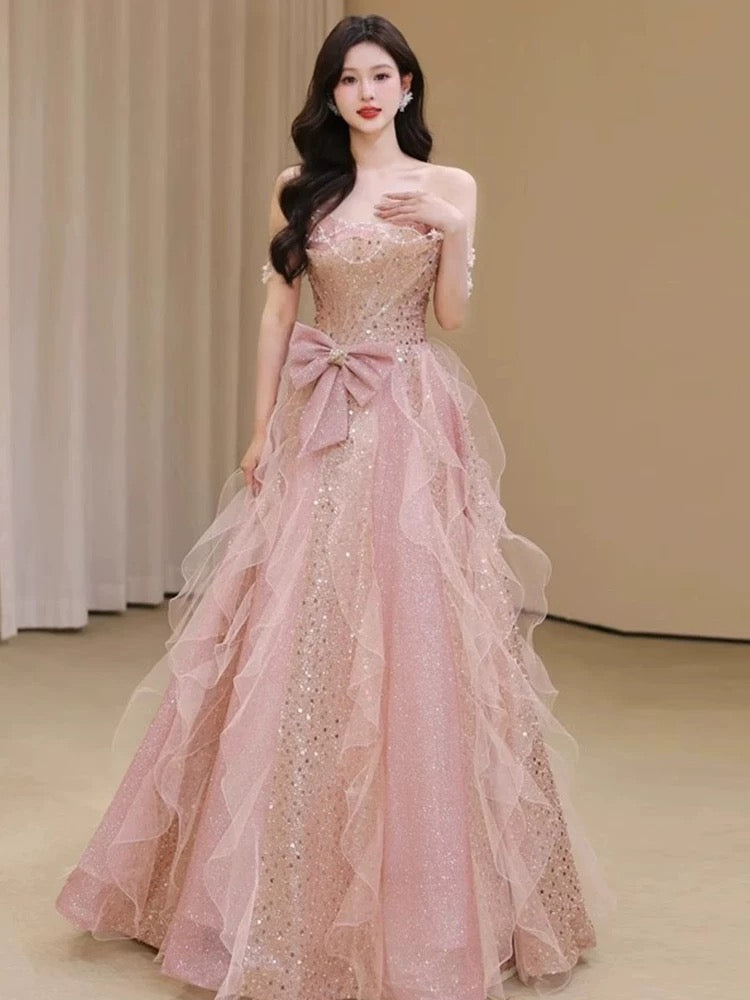 Pretty A Line Off The Shoulder Tulle Pink Floor Length Evening Dress Prom Dresses SD1639